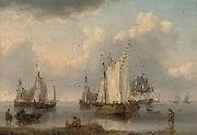 William Anderson A British warship, Dutch barges and other coastal craft on the Ijselmeer in a calm oil on canvas